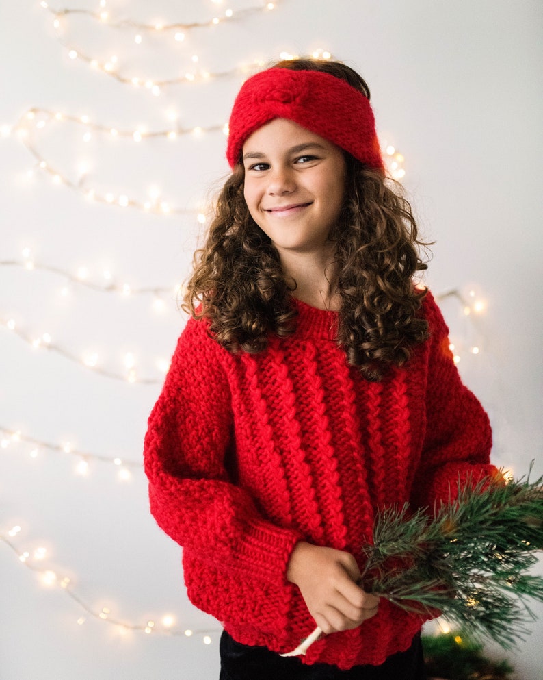 Perfect family holiday sweater. Red Aran Jumper for girls Kids Knit Sweater pullover
