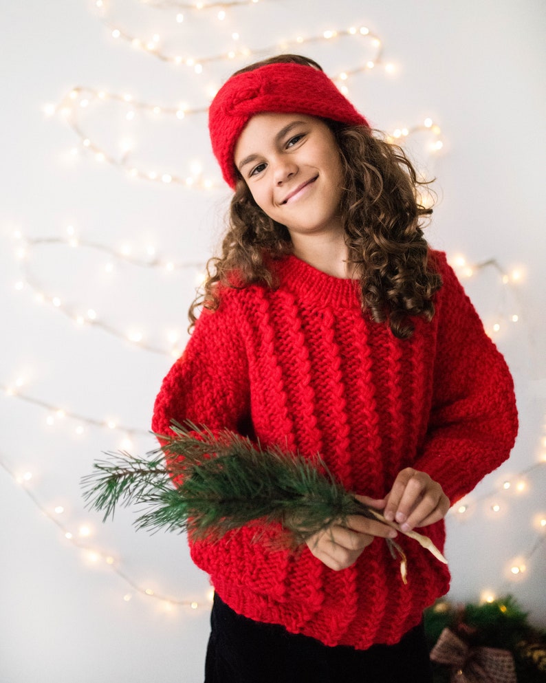 Perfect family holiday sweater. Red Aran Jumper for girls Kids Knit Sweater pullover