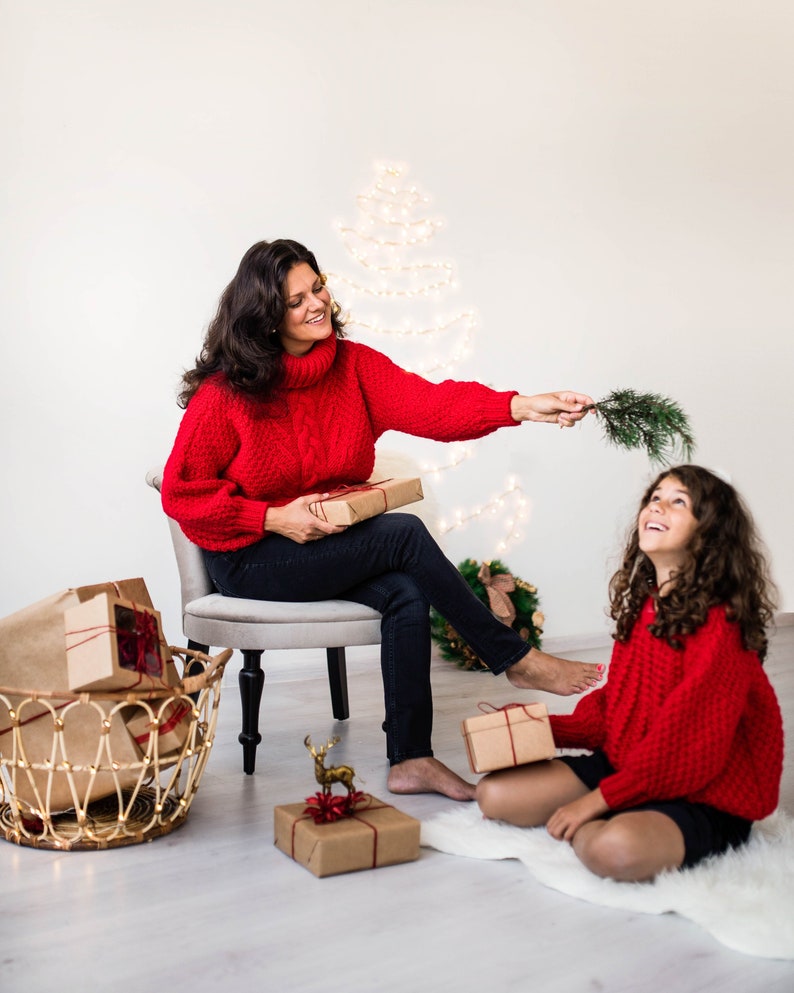 Perfect family holiday sweater. Red Aran Jumper for girls Kids Knit Sweater pullover