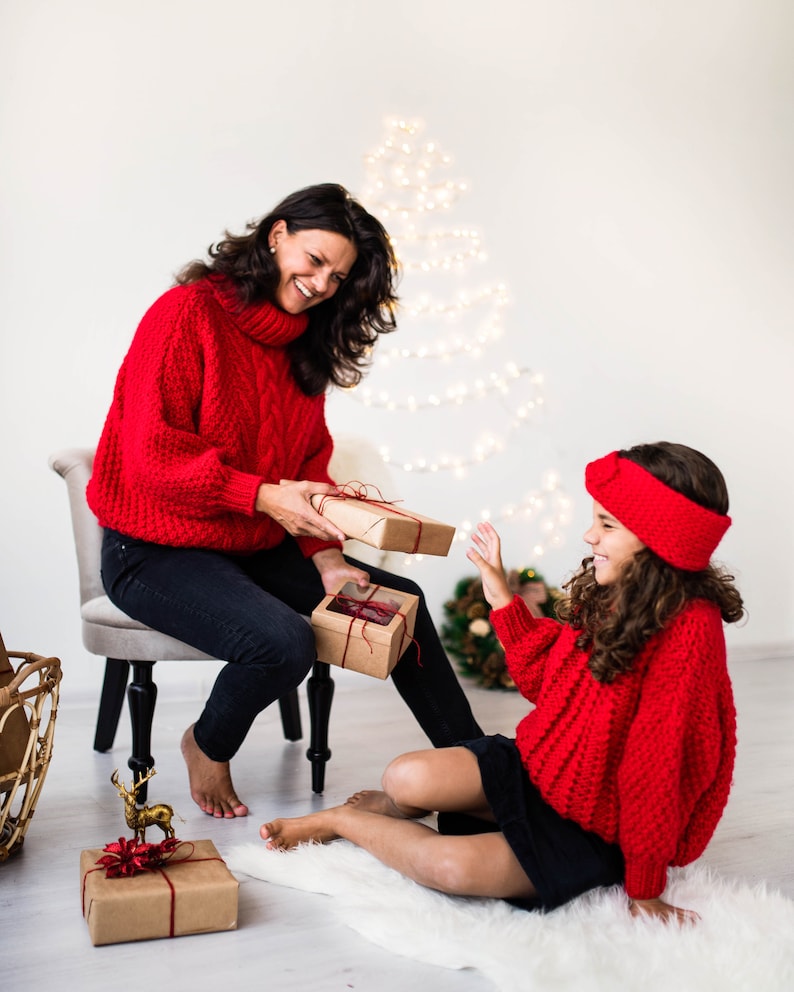 Perfect family holiday sweater. Red Aran Jumper for girls Kids Knit Sweater pullover