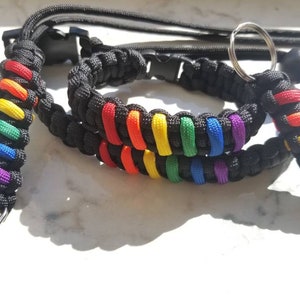 May include: A black paracord lanyard with a rainbow woven design and a silver key ring. The lanyard has a black plastic clip and a black bead.