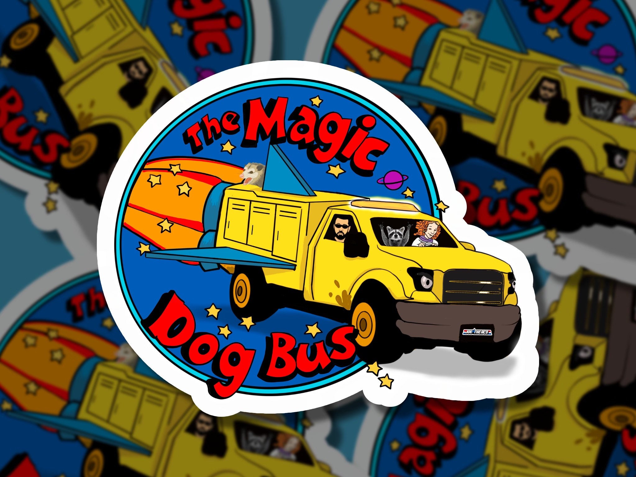 Refugio de animales con humor del autobús escolar mágico de Magic Dog  Bus/explora con Joe, la pegatina de ACO, image size:2048x1536