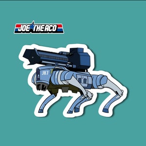 May include: A blue and gray robotic dog with a large gun on its back. The dog has four legs and a tail. The gun has a black barrel and a gray body. The dog is labeled "J87".