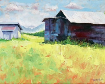 16" X 20" High Quality Print! Barns With A View, Landscape, Fields, Mountain Oil Painting, Blue Barn, Clouds, Blue Ridge, Green, Blue