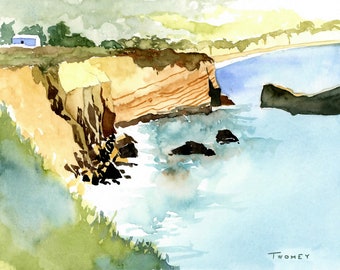 Ocean, 16" X 20", California Cliffs, Seascape, Watercolor, Painting, Giclee Print, California Coast, Ocean Painting Print, Dunes