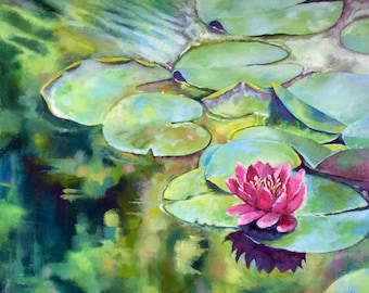 Original Oil Painting Sale: "Lily Soliloquy" Waterlily, Lily Pads 20 X 24" Framed & Ready To Hang, Pond, Biltmore Estate Bass Pond, Nature