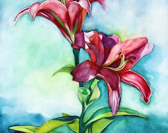 Original Contemporary Fresco Painting Available; "Red Lilies Life" Direct From The Garden; Extraordinarily Rich and Lovely Wall Art