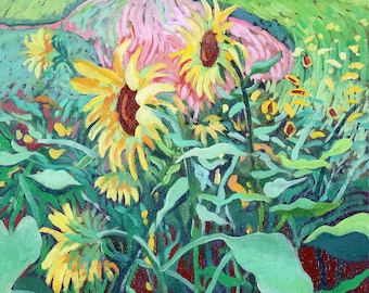 16 X 20" Sunflowers Morning Giclee Print! Oil painting done at the Biltmore Estate in Asheville in striking colors as a high quality print.