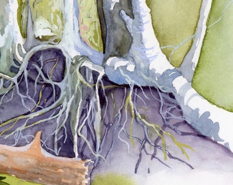 STUDIO SALE! Original  Signed Watercolor, Roots, Rocks, Trees, Catherine Twomey, Impressionist, Plein Air, Curated Art