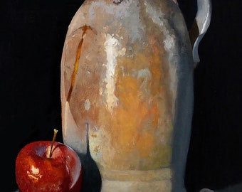 Apple Meets Jug Highest Quality Giclee Print, 16 X 20". Signed Limited Edition! Classical painting, perfect as a curated gift.