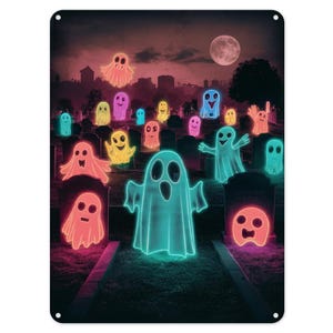 Ghostly Glows In Friedhof Friedhof Metall Blechschild Poster Wand Kunst Plaque für Mann Höhle Garten Schuppen Bar Schlafzimmer Haus Küche Tor Dekor Geschenk