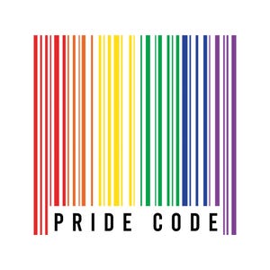 May include: A graphic design featuring a barcode in the colors of the rainbow flag. The text "PRIDE CODE" is printed in black below the barcode. The design is set against a white background.