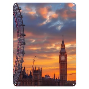 Poster in metallo con scritta "London City Skyline Sunset Big Ben" e targa da parete, ideale per la decorazione di interni, capanni da giardino, bar, camera da letto, cucina, cancello, regalo.
