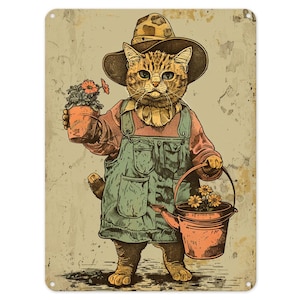 Cat Gardening Garden Plants Flowers Metal Tin Sign Poster Wall Art Plaque for Man Cave Garden Shed Bar Bedroom Home Kitchen Gate Decor Gift