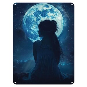 Mond Nacht Mädchen Blick auf Mond Metall Blechschild Poster Wand Kunst Plaque für Mann Höhle Garten Schuppen Bar Schlafzimmer Haus Küche Tor Dekor Geschenk