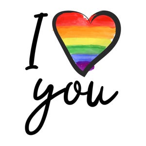 May include: A graphic with the words "I love you" in black script. The word "love" is represented by a heart filled with a rainbow watercolor design, outlined in black. The background is white.