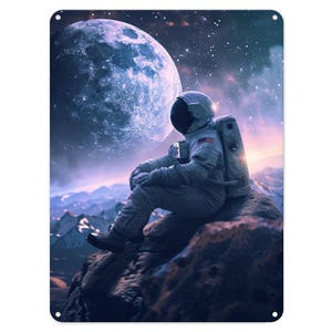 Astronaut Sitzt Blick auf Mond Metall Blechschild Poster Wand Kunst Plakette für Mann Höhle Garten Schuppen Bar Schlafzimmer Haus Küche Tor Dekor Geschenk
