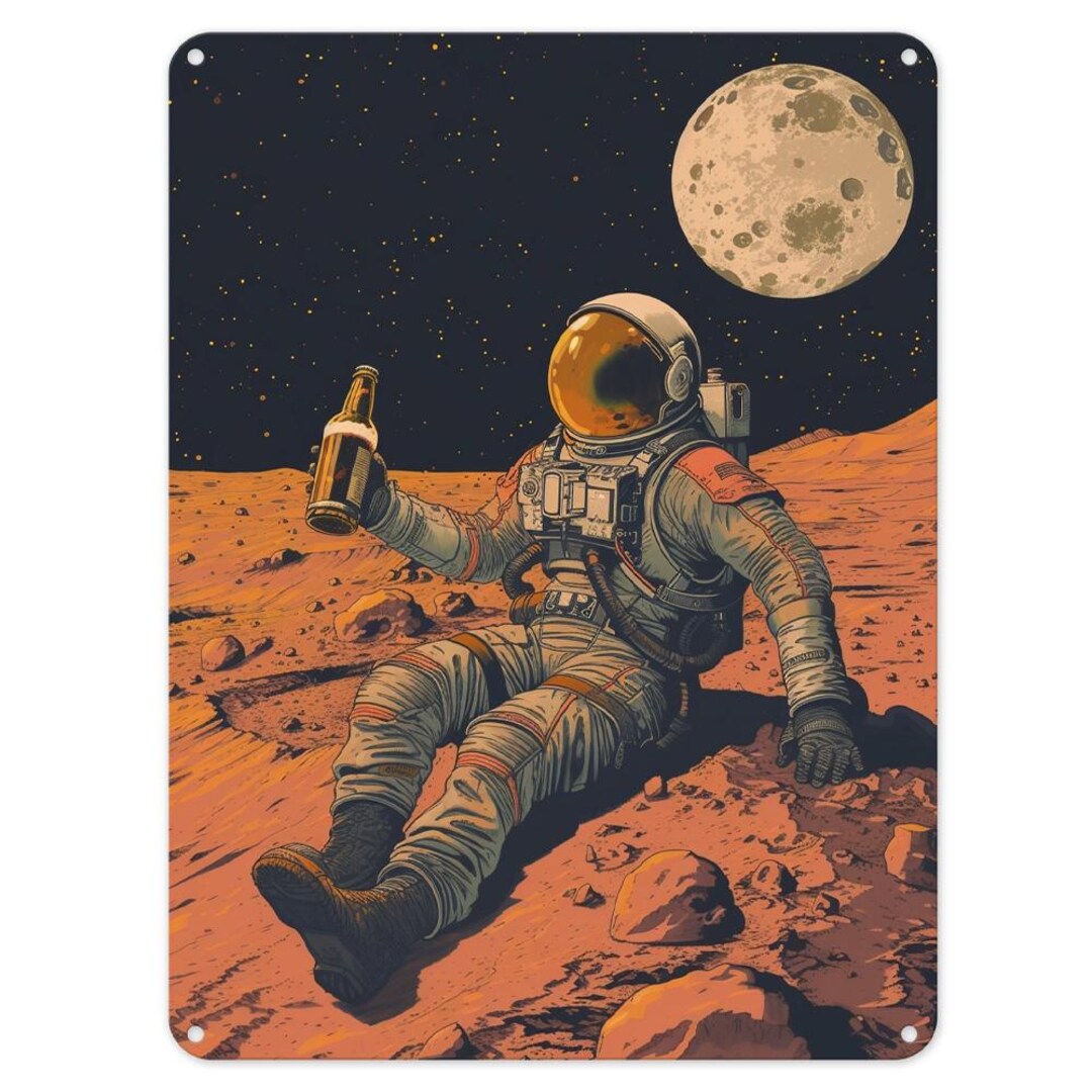 Astronaut Drinking Beer on Mars Metal Tin Sign Poster Wall Art Plaque ...