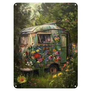 Camper Van Caravan Hippie FloralMetal Tin Sign Poster Wall Art Plaque for Man Cave Garden Shed Bar Bedroom Home Kitchen Gate Decor Gift