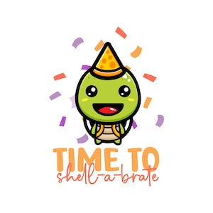Può includere: Una tartaruga dei cartoni animati con un cappello da festa, con la scritta "TIME TO shell-a-brate" in arancione e rosa. La tartaruga è verde con un cappello da festa giallo e arancione. Coriandoli arancioni, viola e rossi circondano la tartaruga.