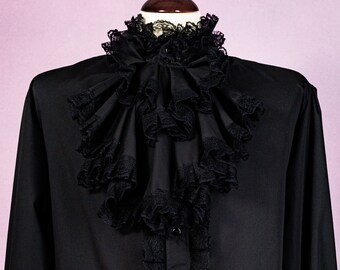 Black Gothic shirt with ruffled jabot trimmed with laces, Victorian style, shirt for all genders.