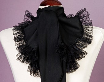 black jabot to tie around the neck with a long viscose bow, Victorian gothic, charming and elegant accessory