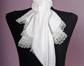 White jabot to tie around the neck with a long viscose bow, Victorian gothic, charming and elegant accessory