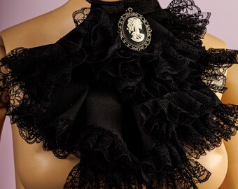 black jabot in Victorian style, including skull lady cameo to wear over the chest or breast and fasten around the collar