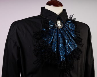 Jabot made of black and blue brocade including skull lady cameo,  wear over the chest or breast to spice up your  outfit or cosplay