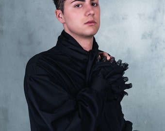 Black cravat shirt, gothic and Victorian  style, adult halloween costume, made to measure