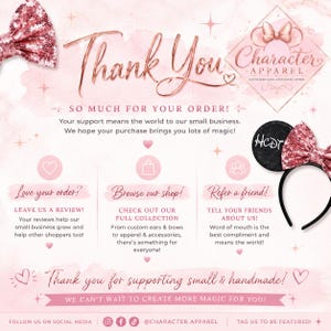 Puede incluir: Una tarjeta de agradecimiento rosa para una peque&ntilde;a empresa con el texto Thank You, Character Apparel, e instrucciones para dejar una rese&ntilde;a, explorar la tienda y recomendar a amigos. La tarjeta incluye ilustraciones de lazos de lentejuelas.