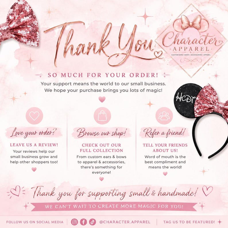 Puede incluir: Una tarjeta de agradecimiento rosa para una peque&ntilde;a empresa con el texto Thank You, Character Apparel, e instrucciones para dejar una rese&ntilde;a, explorar la tienda y recomendar a amigos. La tarjeta incluye ilustraciones de lazos de lentejuelas.