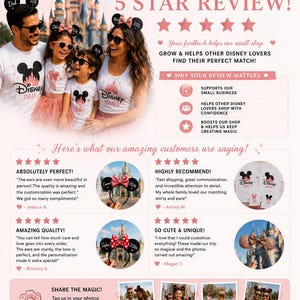 Puede incluir: Un gr&aacute;fico promocional de Character Apparel con fotos familiares que muestran camisetas y orejas de rat&oacute;n con tem&aacute;tica de Disney. El texto incluye LOVE YOUR MAGICAL GEAR, 5 STAR REVIEW y testimonios de clientes sobre la ropa personalizada.