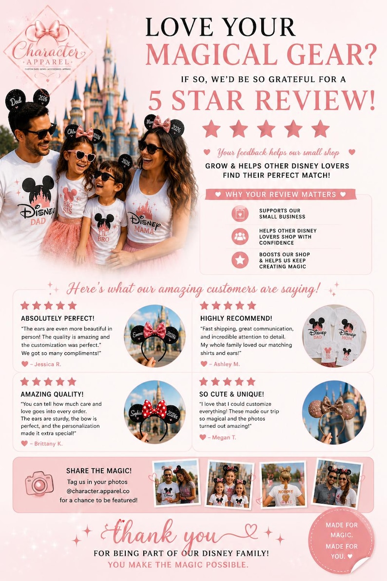Puede incluir: Un gr&aacute;fico promocional de Character Apparel con fotos familiares que muestran camisetas y orejas de rat&oacute;n con tem&aacute;tica de Disney. El texto incluye LOVE YOUR MAGICAL GEAR, 5 STAR REVIEW y testimonios de clientes sobre la ropa personalizada.