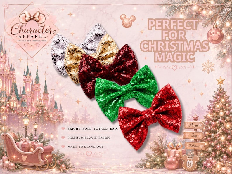 Puede incluir: Una colecci&oacute;n de cinco lazos para el pelo cubiertos de lentejuelas brillantes en plata, oro, rojo oscuro, verde esmeralda y rojo vivo. Los lazos est&aacute;n dispuestos en diagonal sobre un fondo festivo con un castillo, un trineo y un &aacute;rbol.