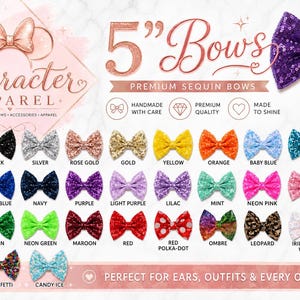 Pode incluir: Uma coleção de laços de lantejoulas de 5 polegadas em mais de 30 cores, incluindo branco, preto, prata, ouro rosa, ouro, amarelo, laranja, azul, turquesa, roxo, rosa, verde, vermelho e padrões como bolinhas, leopardo, degradê e confete.