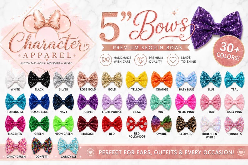 Puede incluir: Una colecci&oacute;n de lazos de lentejuelas de 5 pulgadas en m&aacute;s de 30 colores, incluyendo blanco, negro, plata, oro rosa, oro, amarillo, naranja, azul, turquesa, morado, rosa, verde, rojo y patrones como lunares, leopardo, degradado y confeti.