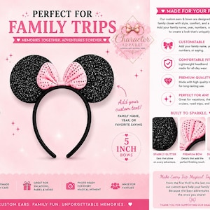 Könnte beinhalten: Schwarze Glitzerohren mit einer rosa Schleife mit Punkten auf einem schwarzen Stirnband. Das Bild enthält den Text "Perfekt für Familienausflüge" und "Individuelle Ohren & Schleifen". Die Schleife misst 12.7 cm.