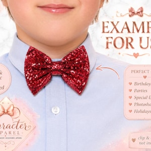 Puede incluir: Una pajarita roja brillante con lentejuelas sobre una camisa de cuello abotonado azul claro. La imagen incluye texto que dice EXAMPLE FOR USE, PERFECT FOR Birthdays, Parties, Special Events, Photoshoots, Holidays y clip & elastic not included.