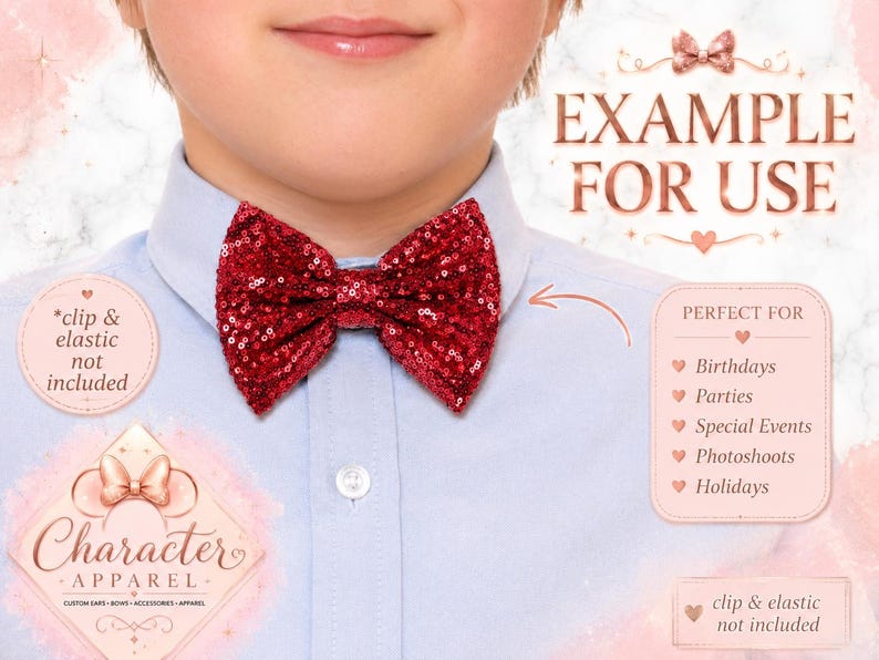 Puede incluir: Una pajarita roja brillante con lentejuelas sobre una camisa de cuello abotonado azul claro. La imagen incluye texto que dice EXAMPLE FOR USE, PERFECT FOR Birthdays, Parties, Special Events, Photoshoots, Holidays y clip & elastic not included.