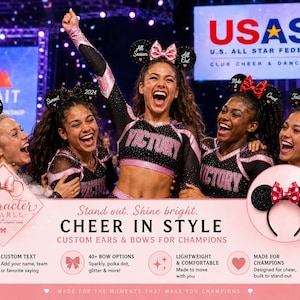 May include: Black headband with two round ears and a central pink polka dot bow. The ears feature glittery black fabric and are accented with custom text. This accessory is designed for cheerleading and dance teams, offering a customisable look.