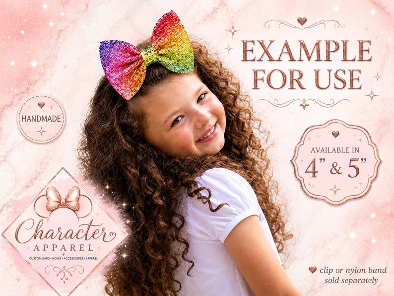 Puede incluir: Un lazo para el pelo con lentejuelas de colores del arco&iacute;ris con un degradado de morado, rosa, naranja, amarillo y verde. El texto en la imagen incluye "EXAMPLE FOR USE", "HANDMADE", "AVAILABLE IN 4" & 5"", "Character APPAREL" y "clip or nylon band sold separately".