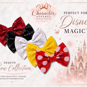 Puede incluir: Una colecci&oacute;n de cinco lazos de lentejuelas en rojo, negro, plata, amarillo y un lazo rojo con lunares blancos. La imagen incluye el texto Character Apparel, Perfect for Disney Magic, Sequin Bow Collection y Fifteen Beautiful Colors Endless Possibilities.
