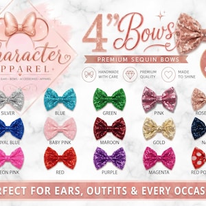Può includere: Una collezione di quindici fiocchi di paillettes da 4 pollici in vari colori, tra cui argento, blu, verde, rosa, oro rosa, blu reale, rosa confetto, bordeaux, oro, blu navy, rosa neon, rosso, viola, magenta e rosso a pois, su sfondo bianco.