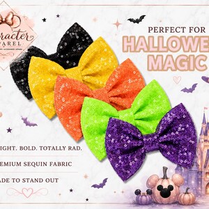 Puede incluir: Cinco lazos para el cabello en negro, amarillo, naranja, verde lima y morado, cada uno cubierto de lentejuelas brillantes. Los lazos est&aacute;n dispuestos en una pila diagonal. El texto en la imagen incluye "Character Apparel", "Perfect for Halloween Magic" y "Bright. Bold. Totally Rad. Premium Sequin Fabric. Made to Stand Out."