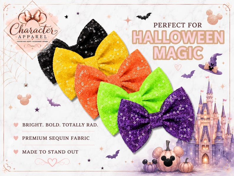 Puede incluir: Cinco lazos para el cabello en negro, amarillo, naranja, verde lima y morado, cada uno cubierto de lentejuelas brillantes. Los lazos est&aacute;n dispuestos en una pila diagonal. El texto en la imagen incluye "Character Apparel", "Perfect for Halloween Magic" y "Bright. Bold. Totally Rad. Premium Sequin Fabric. Made to Stand Out."
