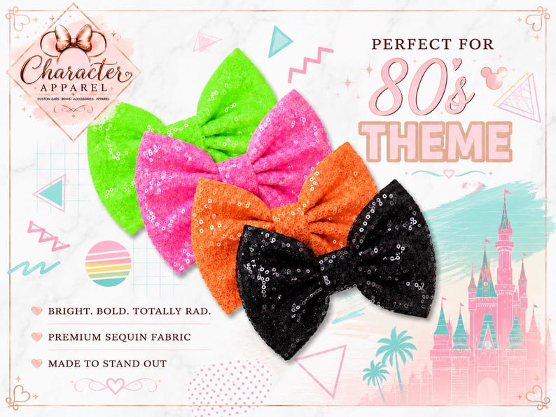 Puede incluir: Cuatro lazos para el cabello en verde ne&oacute;n, rosa intenso, naranja brillante y negro, cada uno cubierto de lentejuelas brillantes. Los lazos est&aacute;n dispuestos en una pila diagonal. El texto en la imagen incluye "Character Apparel", "PERFECT FOR 80's THEME" y "BRIGHT. BOLD. TOTALLY RAD. PREMIUM SEQUIN FABRIC MADE TO STAND OUT."