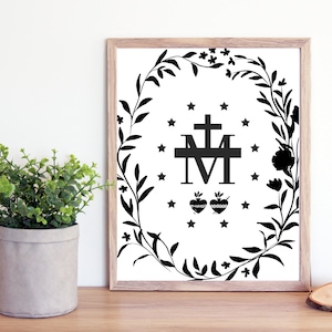 Miraculous Medal Printable-Mary Catholic Print- Blessed Virgin Mary Mother - Black Floral-Catholic Printable- Catholic Farmhouse