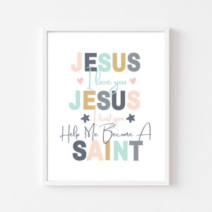 Crianças católicas para impressão-arte de parede de oração católica para crianças-impressões de santos-decoração de quarto de menina católica-berçário católico-jesus amor confiança