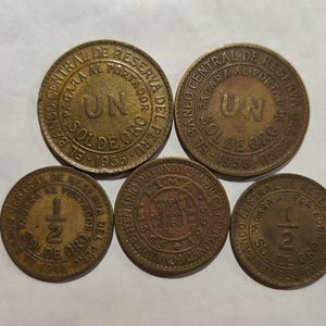 Old Peruvian Sol coins 5 pieces of nice South American Peru coins from 1940-1960s Collectible Historical money numismatic gift bundle